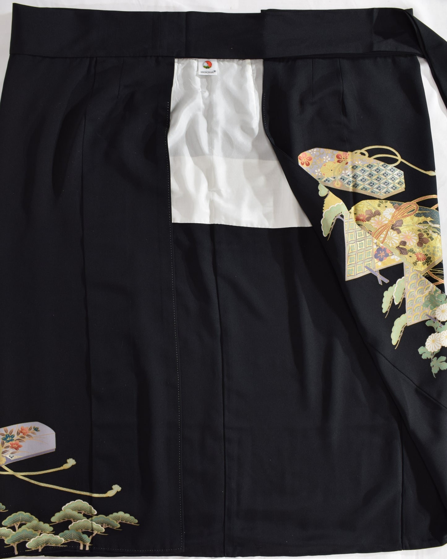 Wrap Skirt & Jacket Set — Fan and Floral Motif in Black Tomesode Silk
