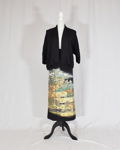 Wrap Skirt & Jacket Set — Landscape Motif in Black Tomesode Silk