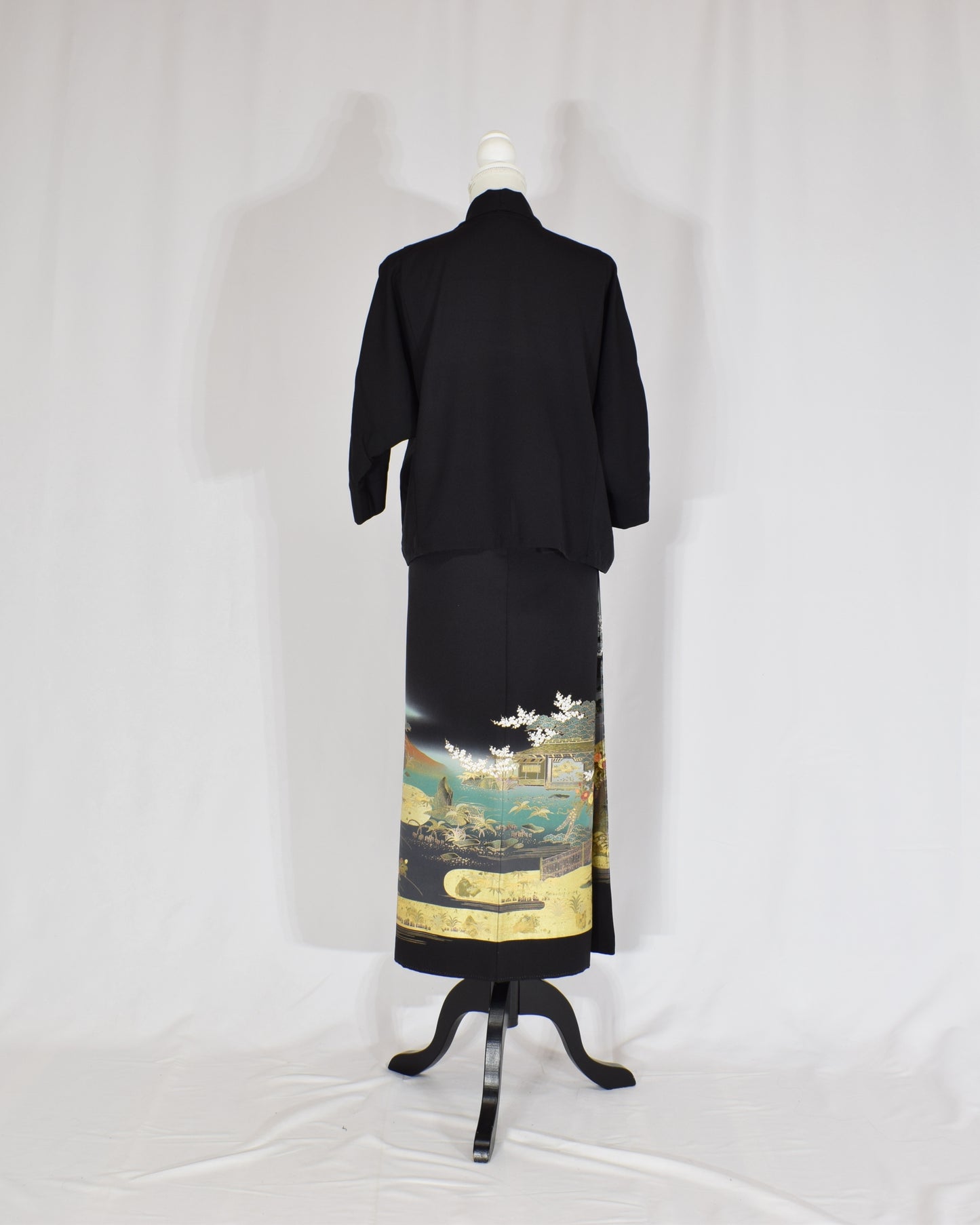 Wrap Skirt & Jacket Set — Landscape Motif in Black Tomesode Silk