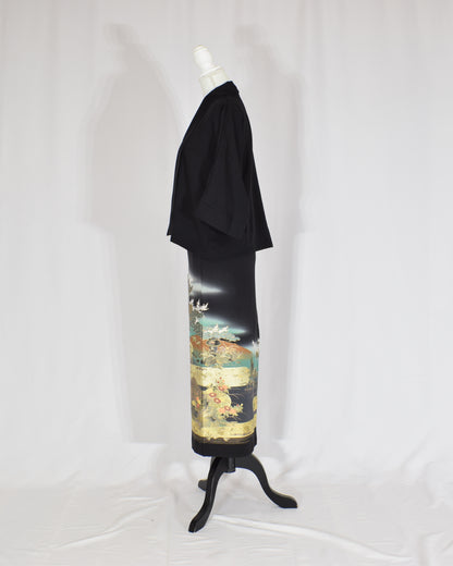 Wrap Skirt & Jacket Set — Landscape Motif in Black Tomesode Silk
