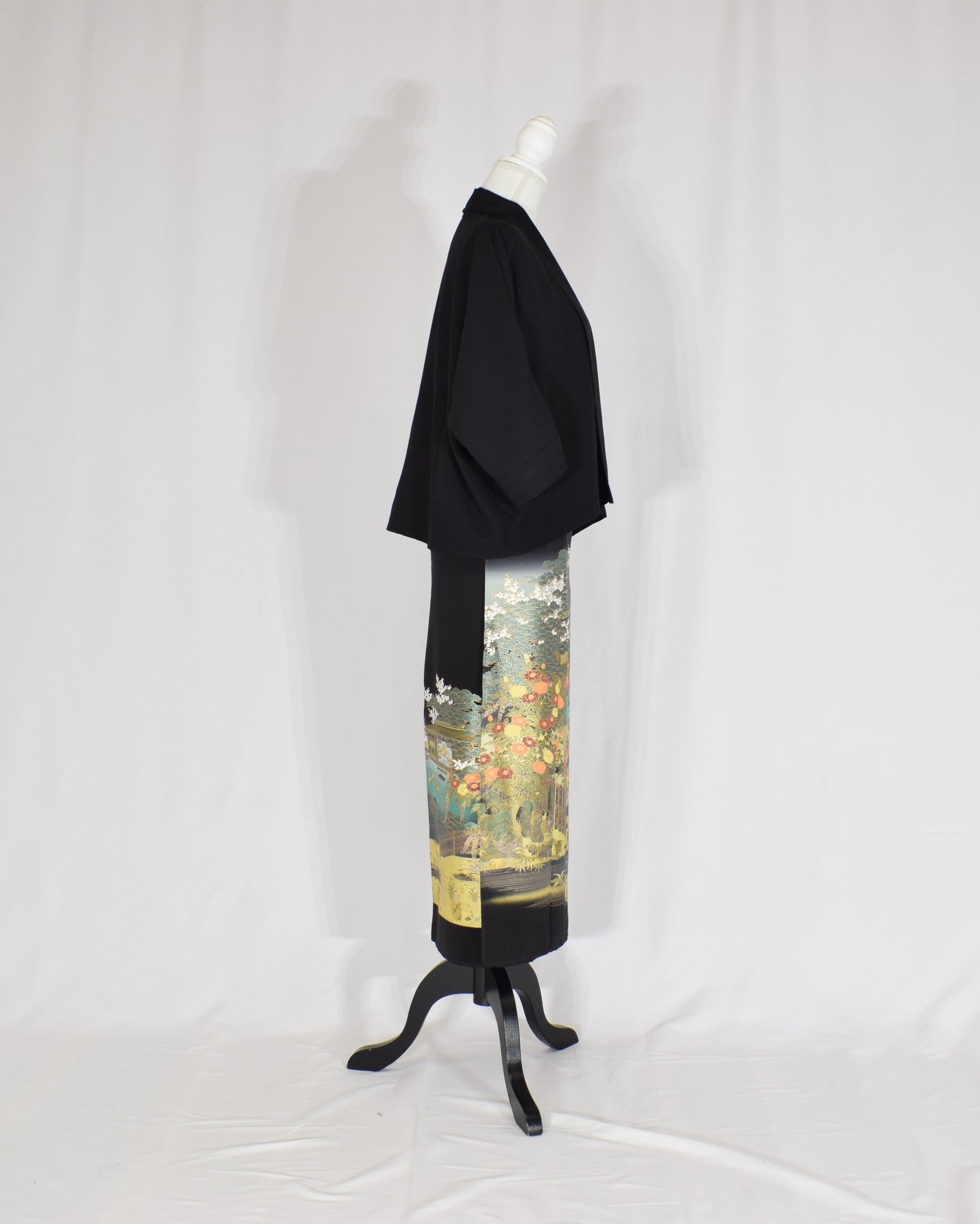 Wrap Skirt & Jacket Set — Landscape Motif in Black Tomesode Silk