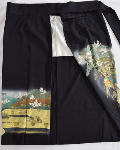 Wrap Skirt & Jacket Set — Landscape Motif in Black Tomesode Silk