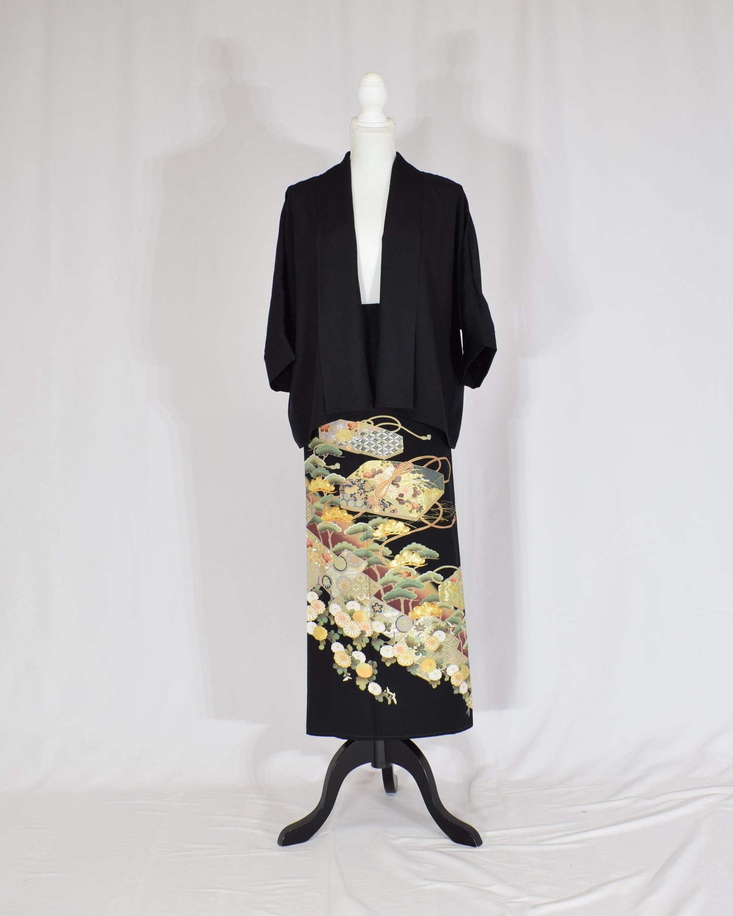 Wrap Skirt & Jacket Set — Fan and Floral Motif in Black Tomesode Silk
