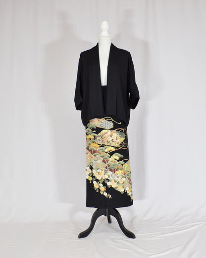 Wrap Skirt & Jacket Set — Fan and Floral Motif in Black Tomesode Silk