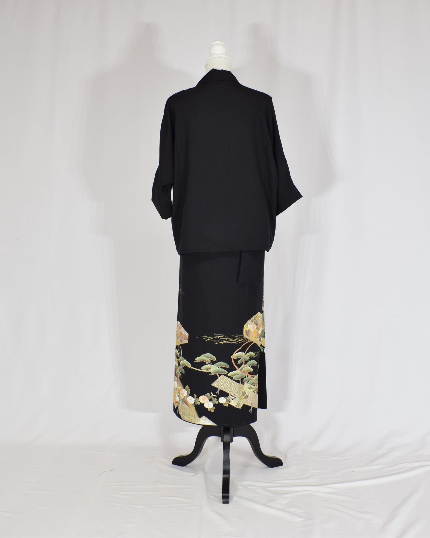 Wrap Skirt & Jacket Set — Fan and Floral Motif in Black Tomesode Silk