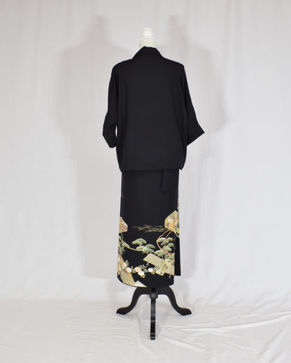 Wrap Skirt & Jacket Set — Fan and Floral Motif in Black Tomesode Silk