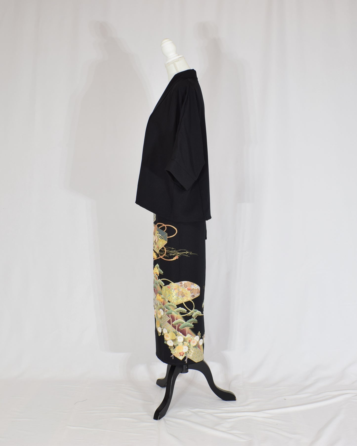 Wrap Skirt & Jacket Set — Fan and Floral Motif in Black Tomesode Silk