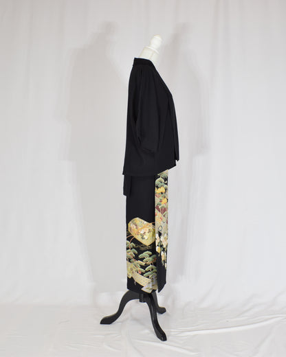 Wrap Skirt & Jacket Set — Fan and Floral Motif in Black Tomesode Silk