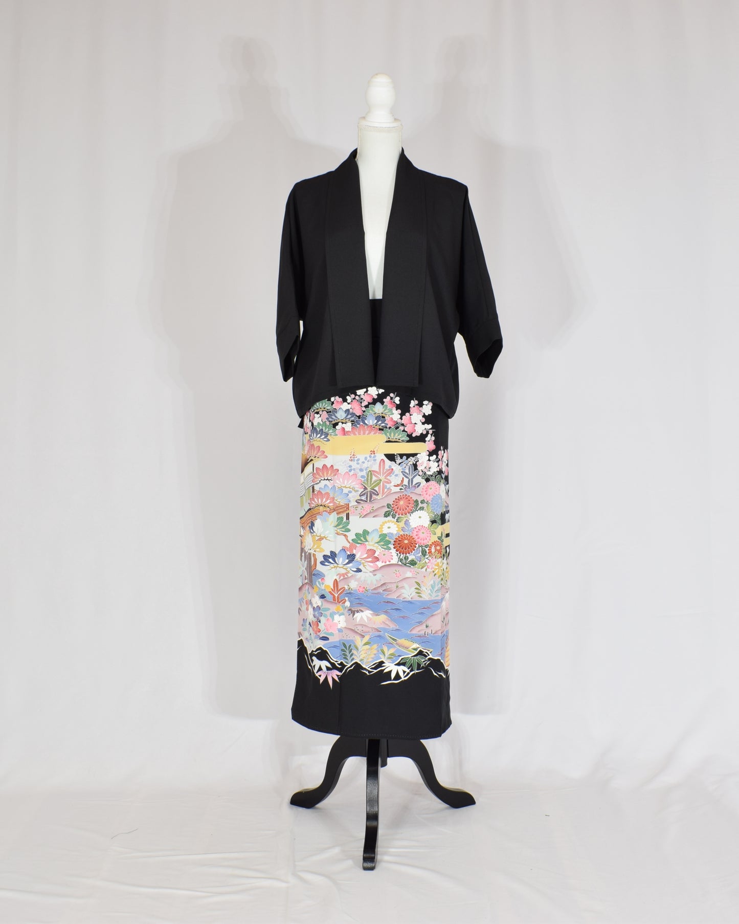 Wrap Skirt & Jacket Set — Floral Landscape Motif in Black Tomesode Silk