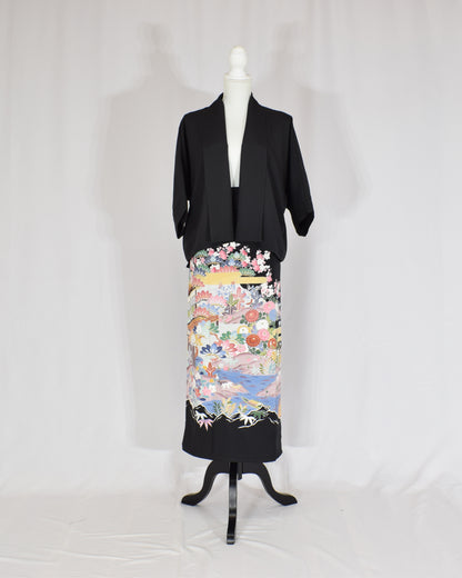 Wrap Skirt & Jacket Set — Floral Landscape Motif in Black Tomesode Silk