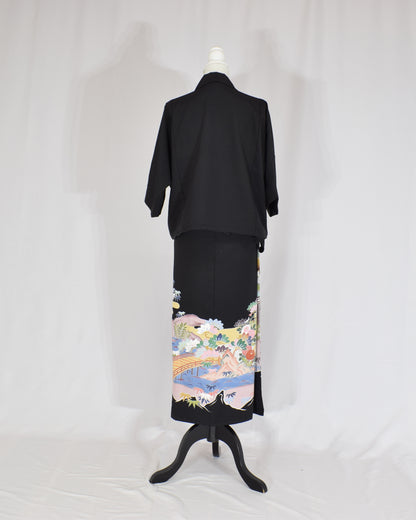 Wrap Skirt & Jacket Set — Floral Landscape Motif in Black Tomesode Silk