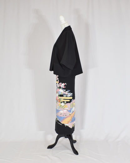 Wrap Skirt & Jacket Set — Floral Landscape Motif in Black Tomesode Silk