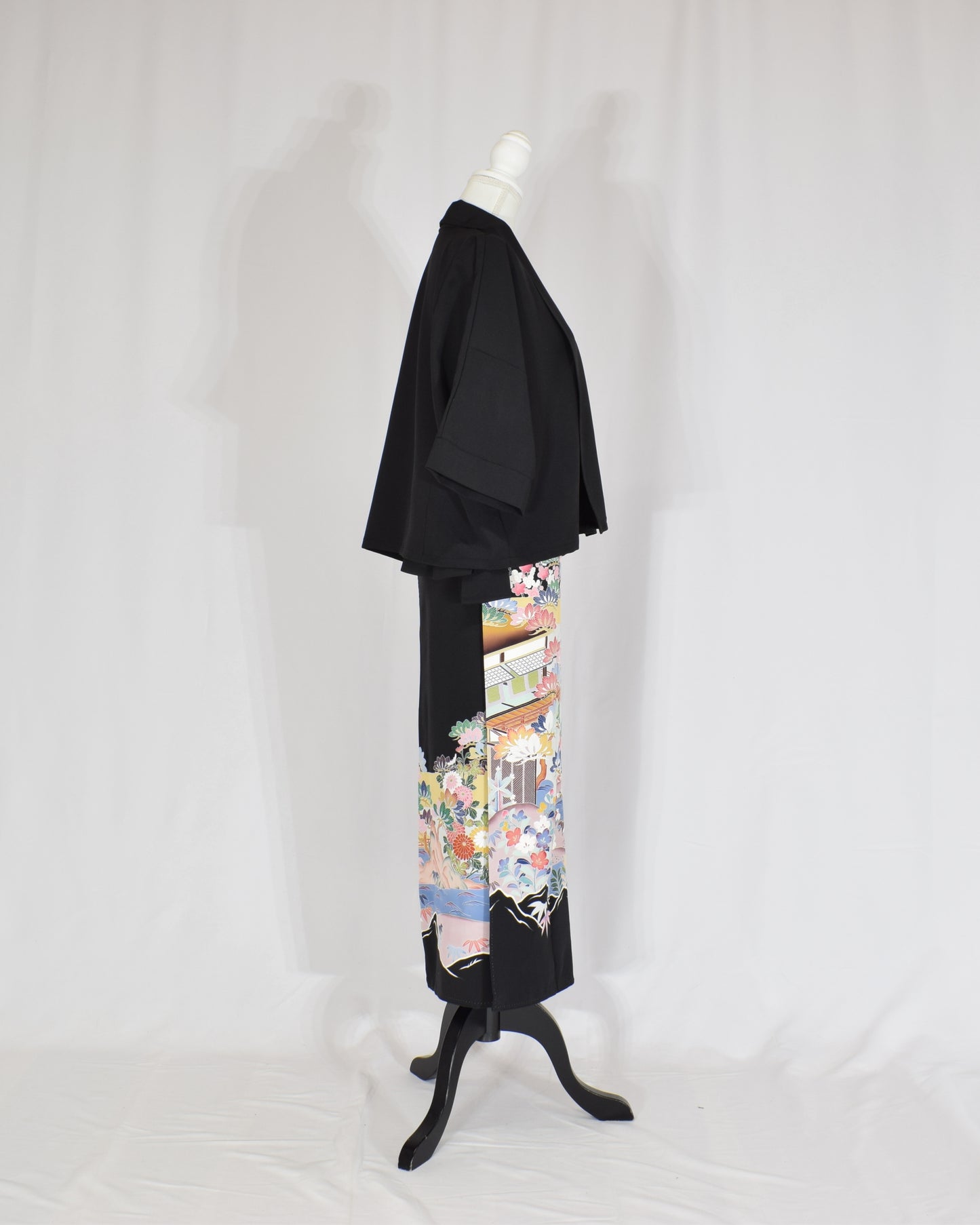 Wrap Skirt & Jacket Set — Floral Landscape Motif in Black Tomesode Silk