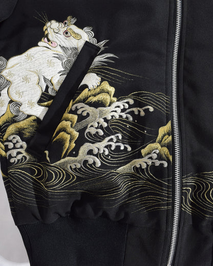 黒 獅子と波文様 MA-1ジャケット 着物リメイク 一点物