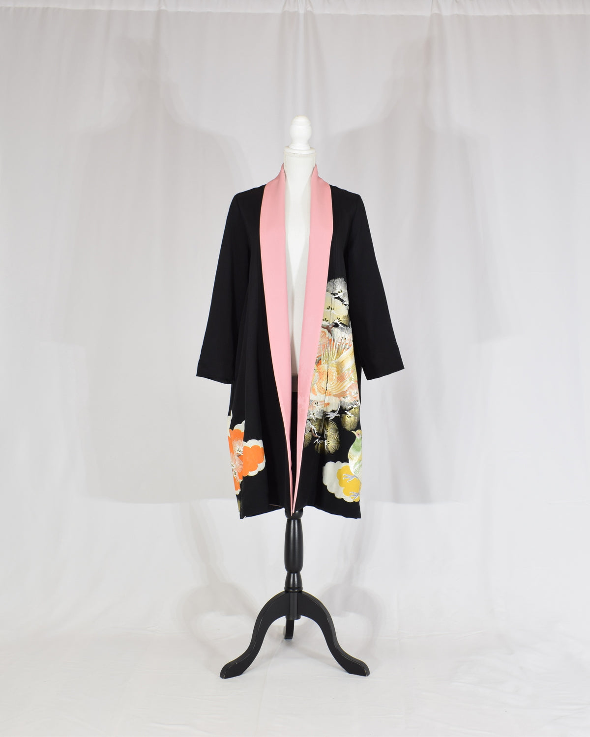 Haori Jacket, Black Bird and Pine Motifs, Upcycled Kimono Fabric