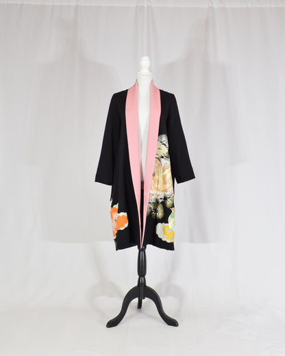 Haori Jacket, Black Bird and Pine Motifs, Upcycled Kimono Fabric