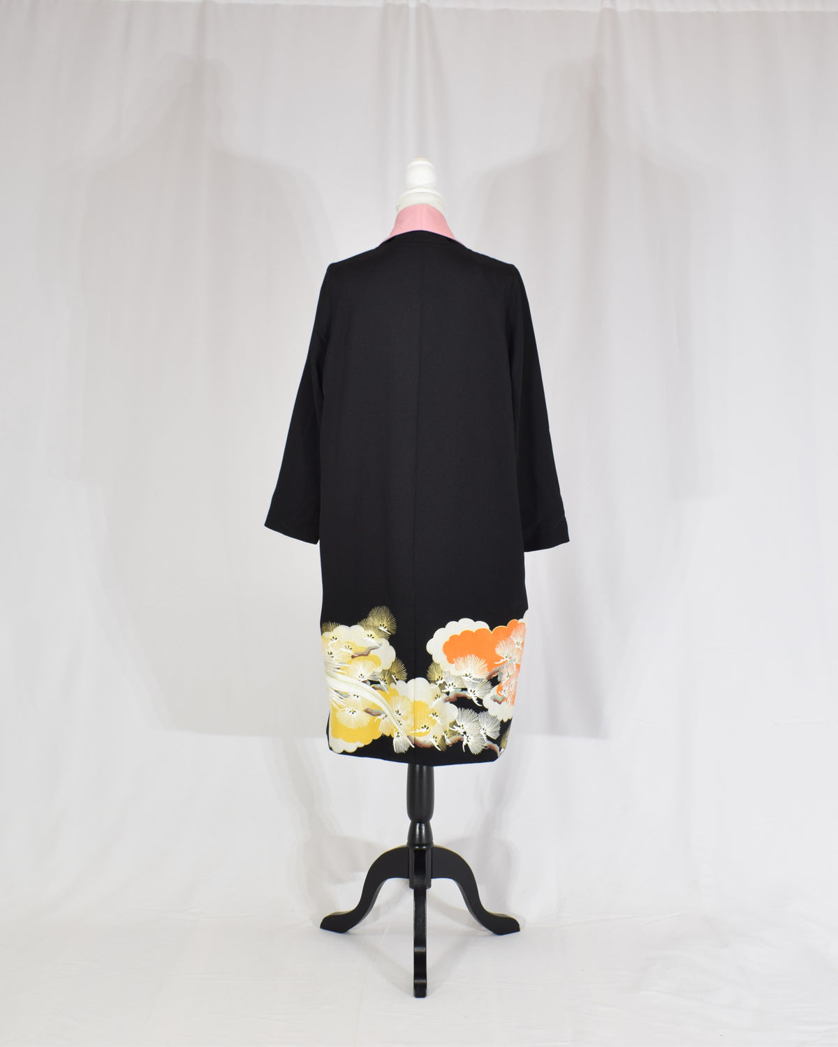 Haori Jacket, Black Bird and Pine Motifs, Upcycled Kimono Fabric