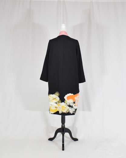 Haori Jacket, Black Bird and Pine Motifs, Upcycled Kimono Fabric