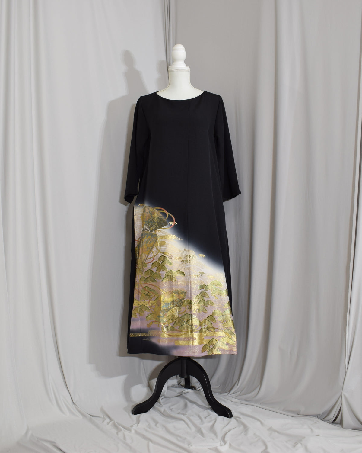 Elegant Kimono Dress, Fan, Pine and Bamboo Motifs, Upcycled Tomesode Fabric