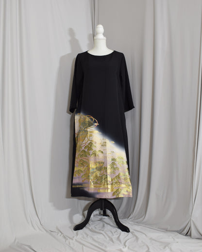 Elegant Kimono Dress, Fan, Pine and Bamboo Motifs, Upcycled Tomesode Fabric