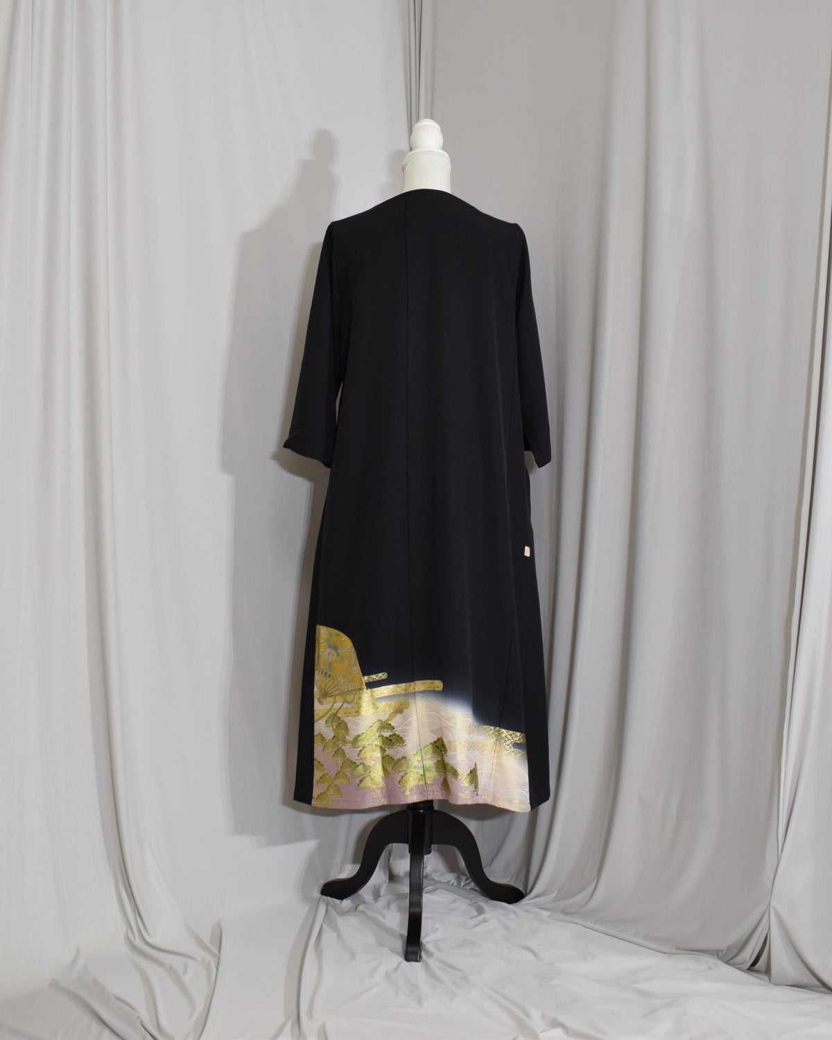 Elegant Kimono Dress, Fan, Pine and Bamboo Motifs, Upcycled Tomesode Fabric