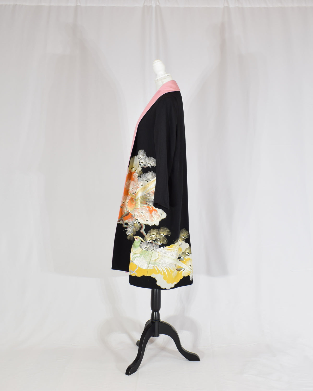 Haori Jacket, Black Bird and Pine Motifs, Upcycled Kimono Fabric