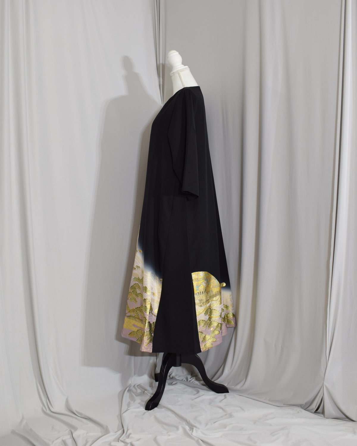Elegant Kimono Dress, Fan, Pine and Bamboo Motifs, Upcycled Tomesode Fabric