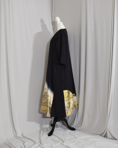 Elegant Kimono Dress, Fan, Pine and Bamboo Motifs, Upcycled Tomesode Fabric