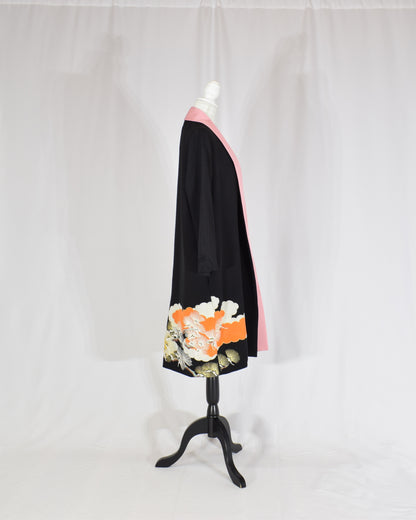 Haori Jacket, Black Bird and Pine Motifs, Upcycled Kimono Fabric