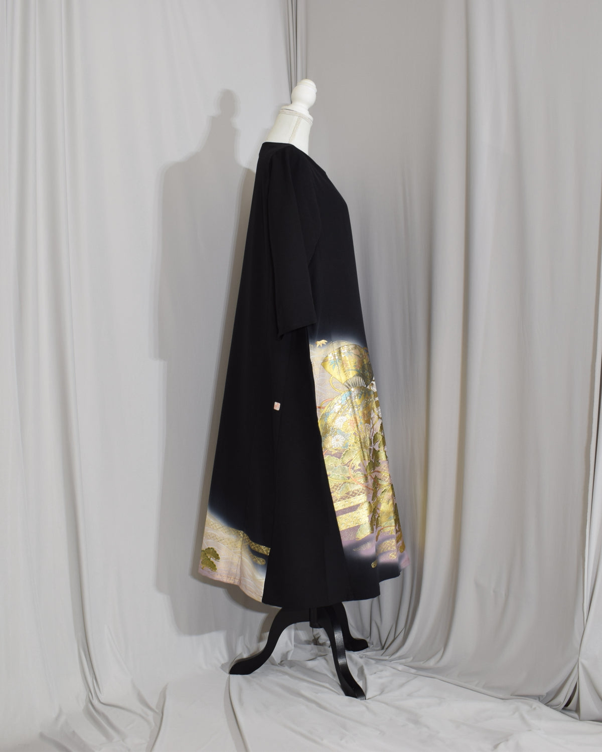 Elegant Kimono Dress, Fan, Pine and Bamboo Motifs, Upcycled Tomesode Fabric