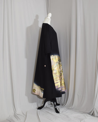 Elegant Kimono Dress, Fan, Pine and Bamboo Motifs, Upcycled Tomesode Fabric