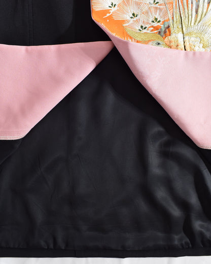 Haori Jacket, Black Bird and Pine Motifs, Upcycled Kimono Fabric