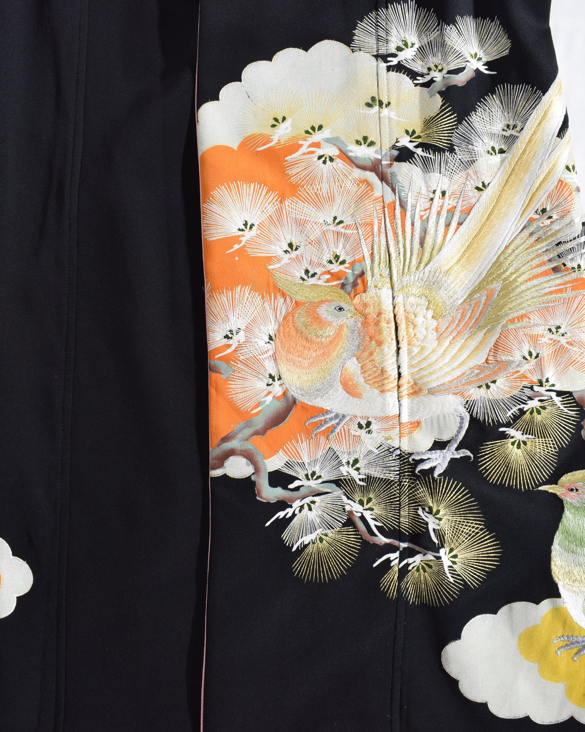 Haori Jacket, Black Bird and Pine Motifs, Upcycled Kimono Fabric