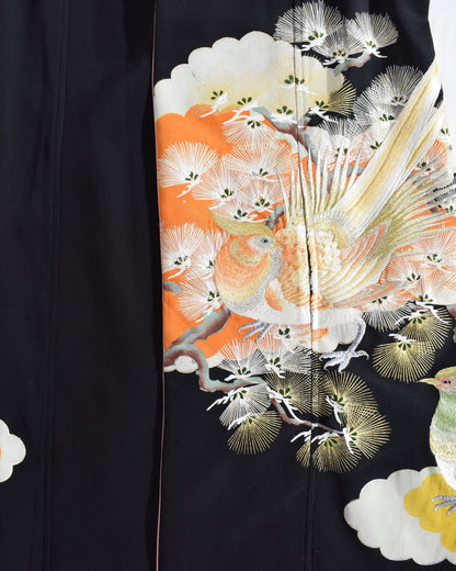Haori Jacket, Black Bird and Pine Motifs, Upcycled Kimono Fabric