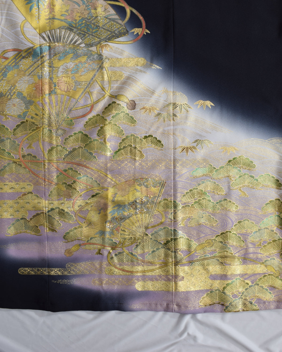 Elegant Kimono Dress, Fan, Pine and Bamboo Motifs, Upcycled Tomesode Fabric