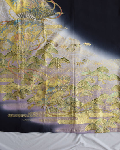 Elegant Kimono Dress, Fan, Pine and Bamboo Motifs, Upcycled Tomesode Fabric