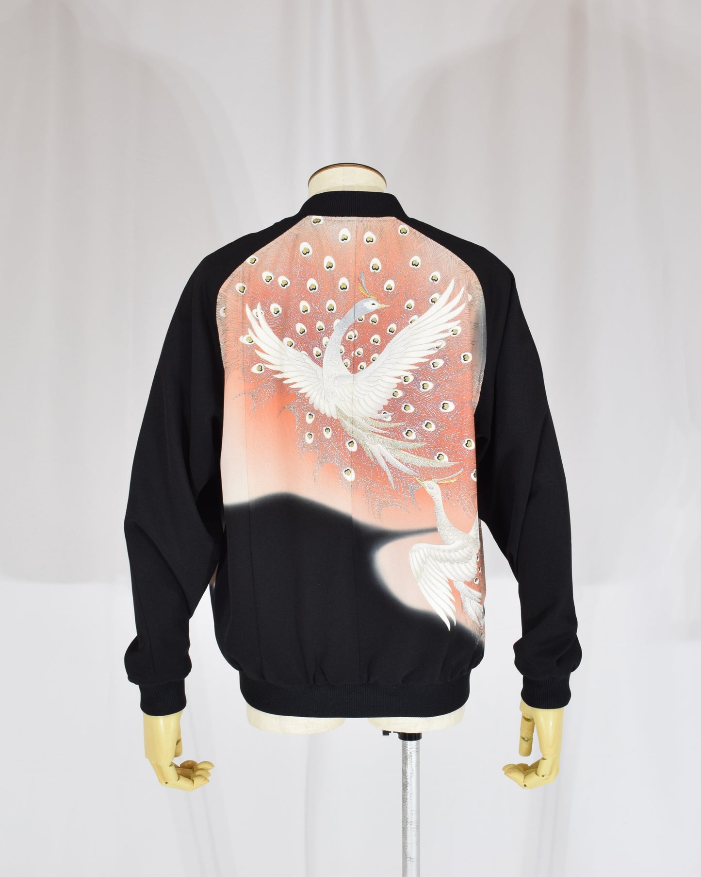Blouson Jacket, Black Bird and Peacock Feather Motif, Upcycled Kimono Fabric
