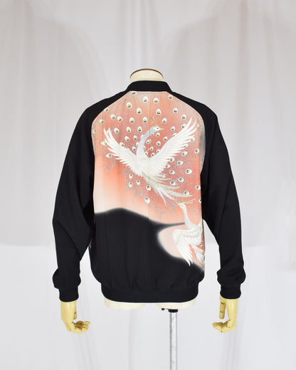 Blouson Jacket, Black Bird and Peacock Feather Motif, Upcycled Kimono Fabric