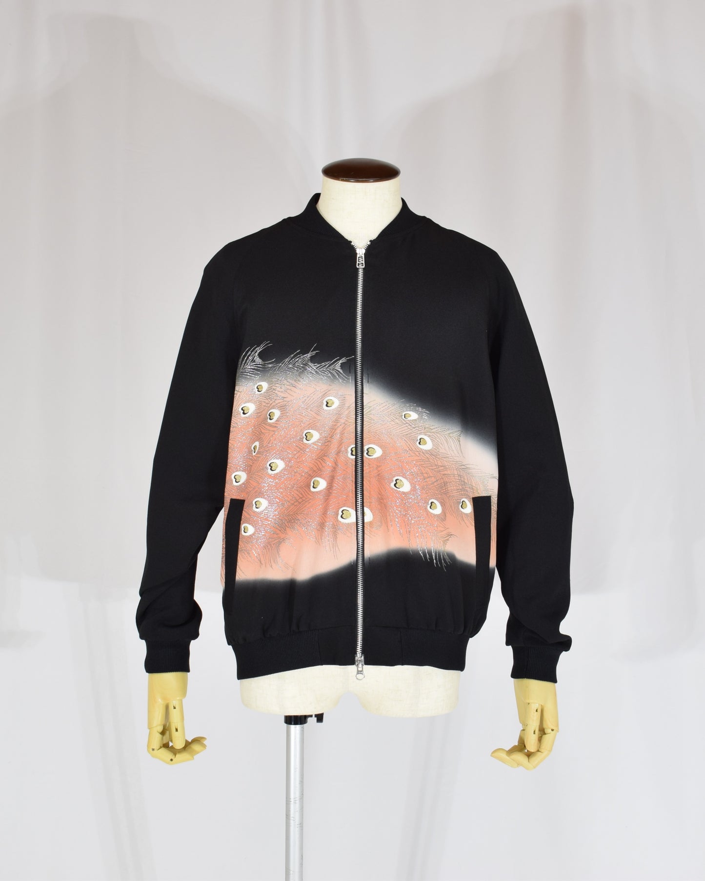 Blouson Jacket, Black Bird and Peacock Feather Motif, Upcycled Kimono Fabric