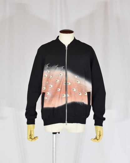 Blouson Jacket, Black Bird and Peacock Feather Motif, Upcycled Kimono Fabric