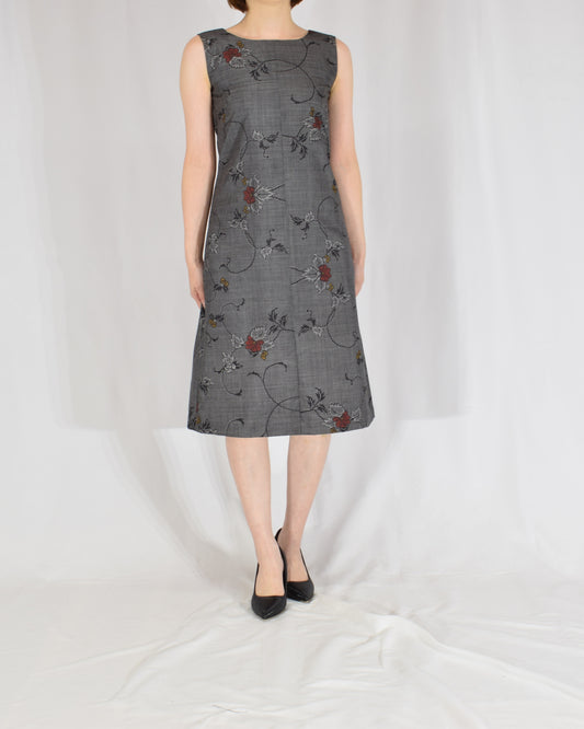 A-Line Sleeveless Dress, Gray Floral, Upcycled Kimono Fabric