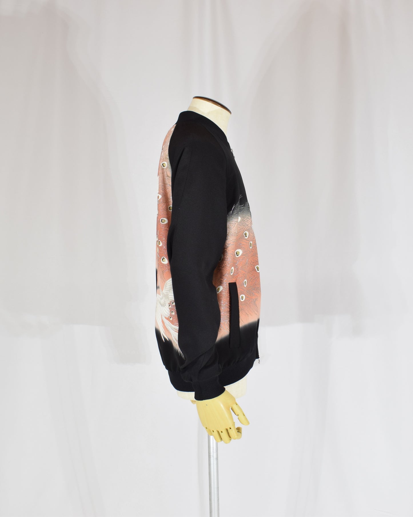 Blouson Jacket, Black Bird and Peacock Feather Motif, Upcycled Kimono Fabric