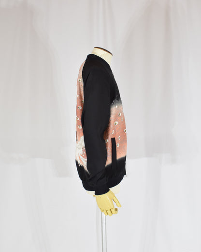 Blouson Jacket, Black Bird and Peacock Feather Motif, Upcycled Kimono Fabric
