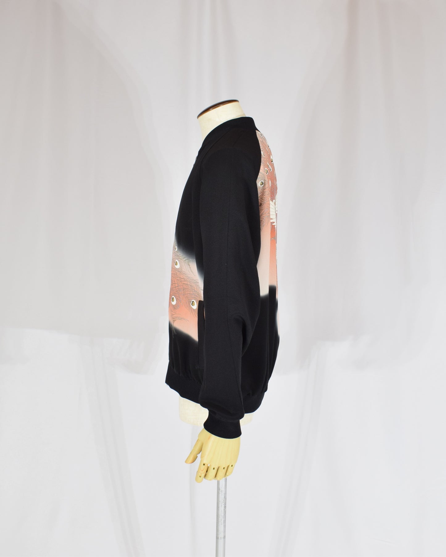 Blouson Jacket, Black Bird and Peacock Feather Motif, Upcycled Kimono Fabric