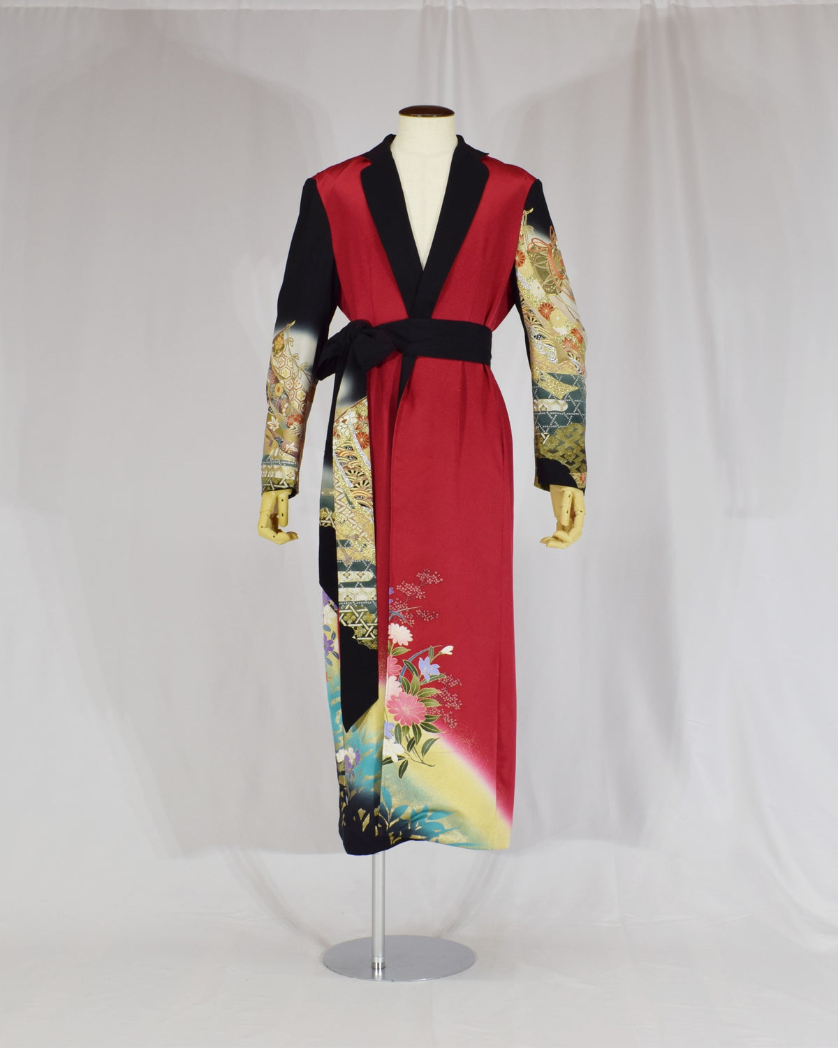 Belted Long Coat, Red and Black Floral and Traditional Motifs, Upcycled Kimono Fabric