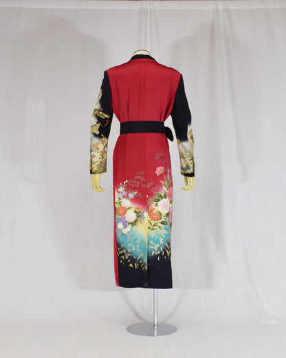 Belted Long Coat, Red and Black Floral and Traditional Motifs, Upcycled Kimono Fabric
