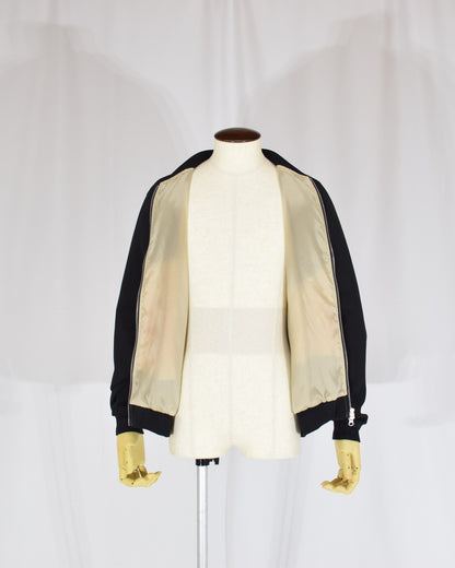 Blouson Jacket, Black Bird and Peacock Feather Motif, Upcycled Kimono Fabric