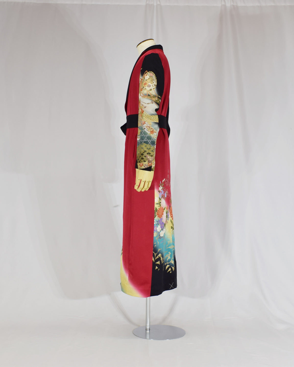 Belted Long Coat, Red and Black Floral and Traditional Motifs, Upcycled Kimono Fabric