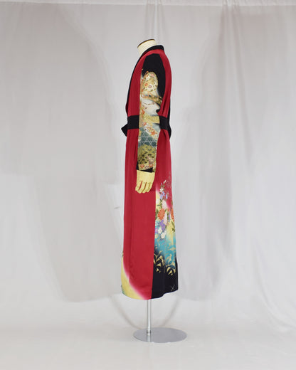 Belted Long Coat, Red and Black Floral and Traditional Motifs, Upcycled Kimono Fabric