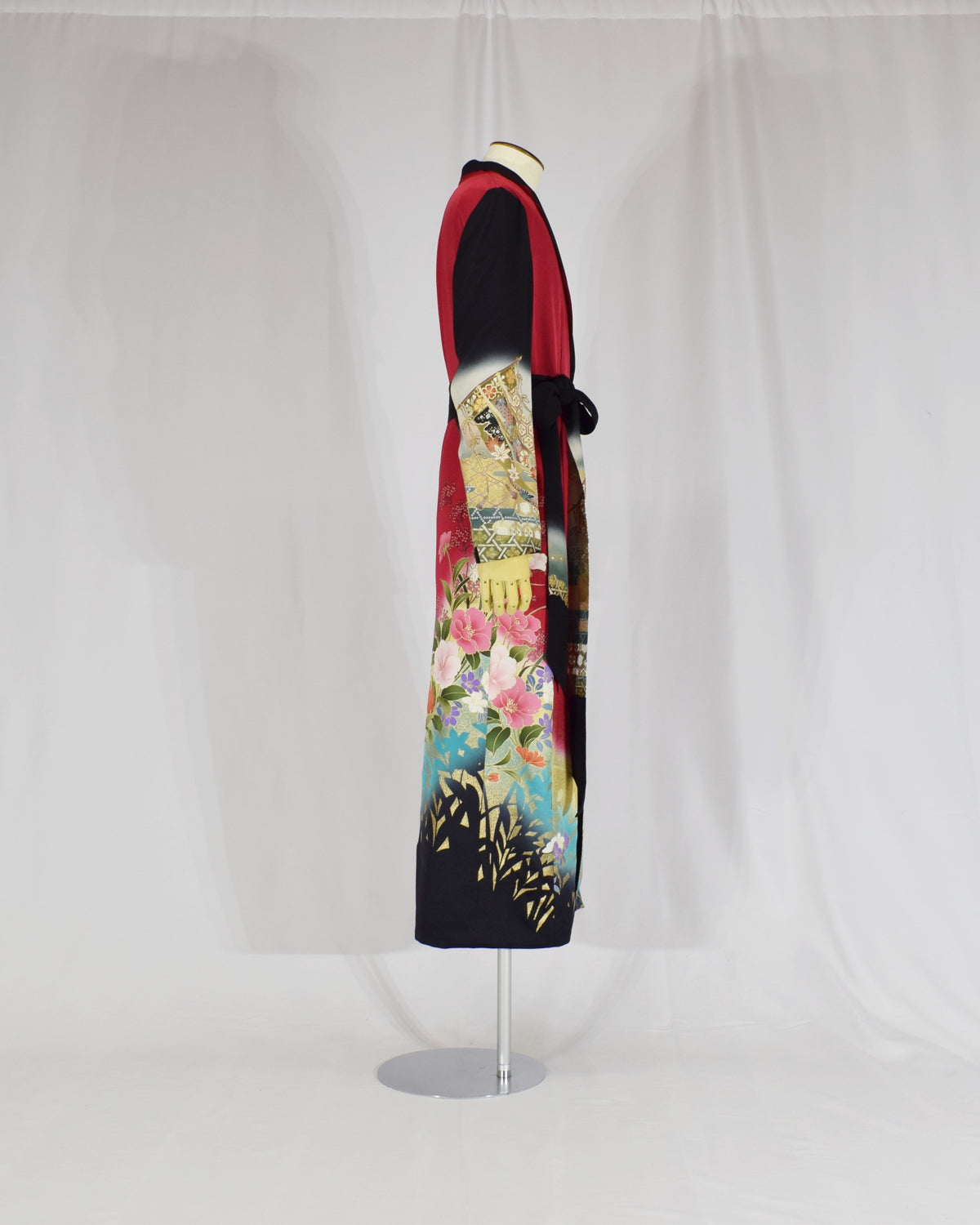 Belted Long Coat, Red and Black Floral and Traditional Motifs, Upcycled Kimono Fabric
